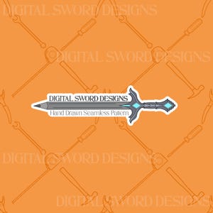 Op de afbeelding: Een naadloos patroon op een oranje achtergrond met een herhalende afbeelding van een zwaardvormig potlood met een grijs blad en een donkergrijs handvat met lichtblauwe accenten. De tekst DIGITAL SWORD DESIGNS en Hand Drawn Seamless Pattern is zichtbaar.
