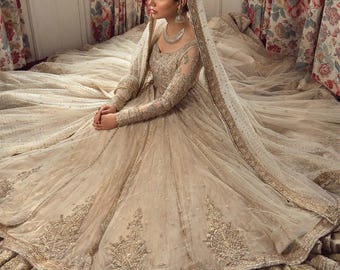 Custom Stitch Pakistani Bridal Maxi, Gold Embellished Wedding Outfit