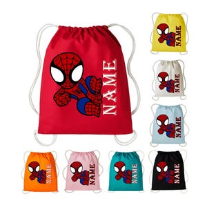 May include: A collection of drawstring bags in various colours including red, yellow, white, light blue, orange, pink, teal, and black. Each bag features a graphic of a cartoon spider-themed character and the word NAME printed in white.