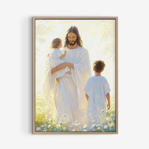 Póster &quot;Ven y sígueme&quot;, Jesús caminando con niños en un hermoso paisaje floral, arte bíblico digital, arte mural cristiano imprimible