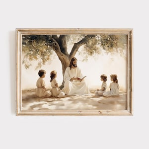 Pintura de Jesús enseñando a los niños bajo el árbol, arte de pared de Jesús con descarga digital, póster imprimible de Jesús y los niños, arte bíblico para niños.