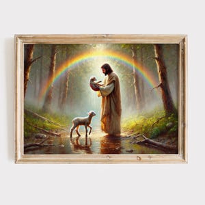 The Good Shepherd Rainbow Oil painting, Jesus Holding a Lamb Painting, The Lord is my Shepherd Digital Download, Jesus Christ Wall Art.