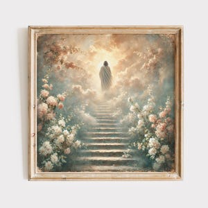 Jesus Walking to Heaven Painting, Stairway to Heaven Wall Art, Jesus Kingdom of Heaven, Bible Fine Art Print.