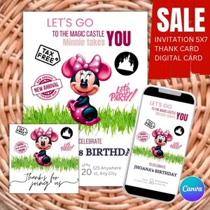 Convite de aniversário editável inspirado na Minnie para qualquer idade, digital, 5x7, mouse, rosa e preto, bolinhas, meninas, meninos, festa da Minnie