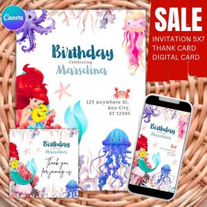 Faire-part d'anniversaire modifiable petite sirène, modèle d'invitation d'anniversaire Ariel, carte petite sirène, Invitation numérique princesse Ariel