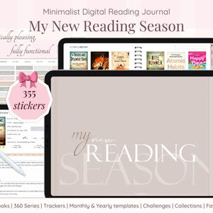 Puede incluir: Un diario de lectura digital con el texto "My New Reading Season" en la pantalla de una tableta. La imagen incluye un lazo rosa con "355 pegatinas" y portadas de libros. El diario se describe como estéticamente agradable y totalmente funcional.