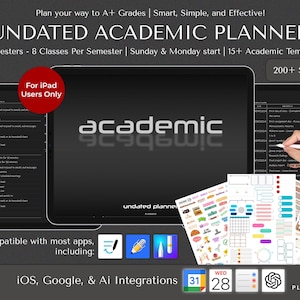 Puede incluir: Un planificador académico sin fecha con una cubierta negra y el texto "academic" en blanco. El planificador es compatible con la mayoría de las aplicaciones, incluidas iOS, Google e integraciones de IA. Incluye más de 200 pegatinas y está diseñado para usuarios de iPad.