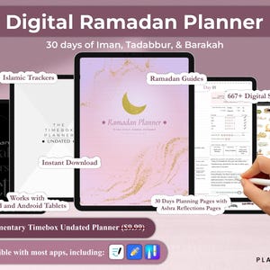 May include: Digital Ramadan planner with 667+ digital stickers. The planner features a pink and gold design with a crescent moon and the text "Ramadan Planner". It includes 30 days of planning pages, Ashra reflections pages, and Islamic trackers. The planner is compatible with most apps, including iPad and Android tablets.