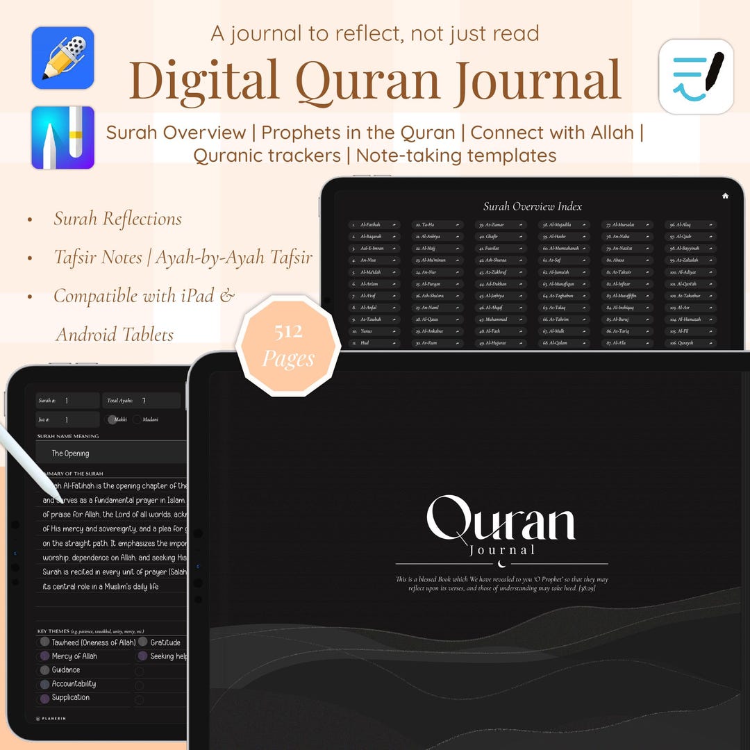 Digital Islamic Notes Example Dark Mode Digital Quran Journal: Islamic Study Companion (goodnotes ...