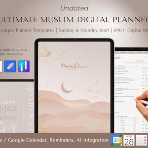 Puede incluir: Un planificador digital para musulmanes con un diseño rosa y dorado. El planificador incluye 85 plantillas únicas, una opción de inicio el domingo y el lunes, y más de 600 pegatinas digitales. El planificador es compatible con la mayoría de las aplicaciones, incluidas Apple y Google Calendar.