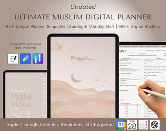 May include: A digital planner for Muslims with a pink and gold design. The planner includes 85 unique templates, a Sunday and Monday start option, and over 600 digital stickers. The planner is compatible with most apps, including Apple and Google Calendar.