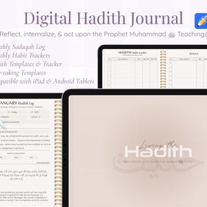 Könnte beinhalten: Digitales Hadith-Journal auf einem Tablet, mit monatlichem Sadaqah-Protokoll, Gewohnheits-Trackern und Notizvorlagen. Der Text lautet: „Reflektieren, verinnerlichen und nach den Lehren des Propheten Muhammad handeln.“ Kompatibel mit iPad und Android-Tablets.