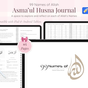 Könnte beinhalten: Digitales Journal mit dem Titel "99 Namen Allahs Asma'ul Husna Journal" mit 115 Seiten. Kompatibel mit iPad und Android-Tablets. Das Cover zeigt arabische Kalligraphie und den Text "99 Names of Asma'ul Husna Journal".