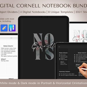 Op de afbeelding: Een digitale Cornell-notitieboekbundel met 12 vakverdelers, 4 digitale notitieboeken, 8 unieke sjablonen en meer dan 235 stickers. De afbeelding toont een digitaal notitieboek dat open is op een tabletscherm met de woorden "NO Cornell TS" in een bloemmotief. Het notitieboek is compatibel met de meeste apps, waaronder GoodNotes, Notability en Noteshelf.