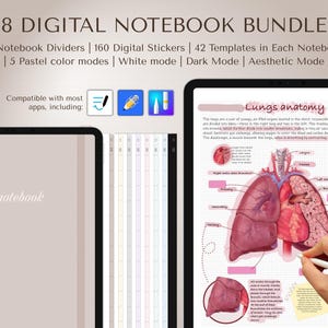 Op de afbeelding: Digitale notitieboekbundel met 12 verdelers, 160 stickers en 42 sjablonen per notitieboek. Beschikt over 5 pastelkleurmodi, wit, donker en esthetische modi. De afbeelding toont een tablet met een longanatomiediagram en een notitieboek.