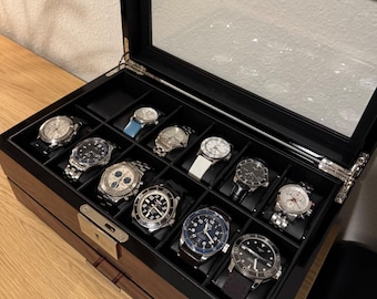 12-Slot Watch Box Organizer: Wood Grain Finish, Glass Lid, Jewelry Drawer