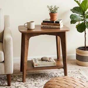 May include: A wooden side table with a smooth rectangular top and a lower shelf. The table features four tapered legs. On the top surface sits a beige ceramic mug and a stack of three books. A small potted succulent rests on the top book.