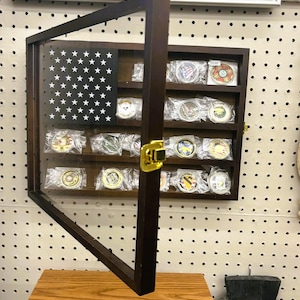 American Flag Military Challenge Coin Display Case: Birch Wood & Acrylic