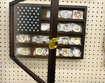 American Flag Military Challenge Coin Display Case: Birch Wood & Acrylic