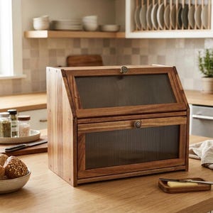 May include: A wooden bread box with a slanted top and a lower compartment, both featuring ribbed glass panels. The box has a warm, natural wood finish and small, round knobs. It sits on a wooden countertop, suggesting a kitchen setting.