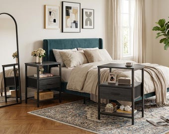 Set of 2 Night Stand with Fabric Drawer, Mesh Shelf