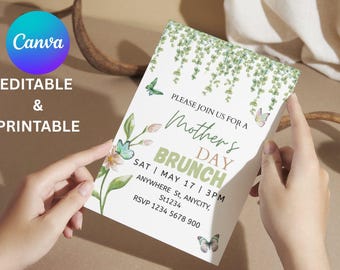 Invito per il brunch della festa della mamma, modello digitale modificabile per l'invito al brunch della festa della mamma, fiori e farfalle per la festa della mamma, invito elettronico 5x7 pollici