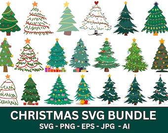 Paquete de Svg de árbol de Navidad, Svg de Navidad, Silueta de árbol de Navidad, Clipart de árbol de Navidad, Contorno de árbol de Navidad, Adornos navideños Svg