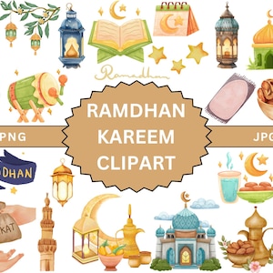 May include: A set of watercolor illustrations for Ramadan Kareem. The illustrations include a mosque, crescent moon, lanterns, dates, a prayer rug, a book, a calendar, and a drum. The illustrations are in a light and whimsical style.