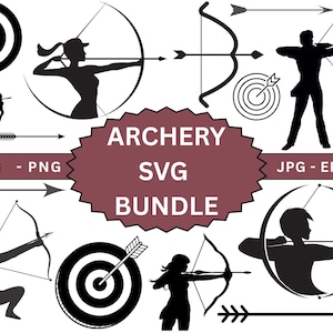 Puede incluir: Un paquete SVG de arquería en blanco y negro con siluetas de arqueros, arcos, flechas y dianas. El texto "ARCHERY SVG BUNDLE" se muestra en una pancarta granate, con indicadores de tipo de archivo como SVG, PNG, JPG, EPS y AI.