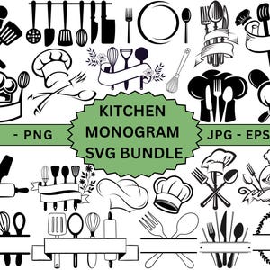 Puede incluir: Una colección de gráficos SVG y PNG en blanco y negro con temática de cocina. El paquete incluye varios utensilios de cocina, gorros de chef y elementos decorativos. También está presente el texto "Kitchen Monogram SVG Bundle".