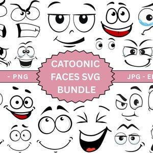 Cartoon Emotion Gesichter SVG Bundle, süßes lustiges Gesicht SVG, Cartoon Augen SVG, Silhouette, Cartoon Gesicht Clipart