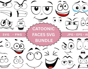 Pacchetto di facce con emozioni dei cartoni animati in formato SVG, faccine buffe e carine in formato SVG, occhi dei cartoni animati in formato SVG, silhouette, clipart di facce dei cartoni animati