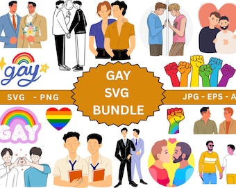 May include: A collection of illustrations featuring same-sex couples in various poses. The images include couples holding hands, embracing, and in wedding attire. The words "GAY SVG BUNDLE" are displayed in a central, starburst-shaped design, with additional text indicating file types.