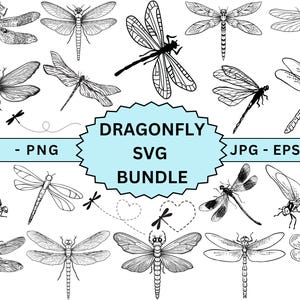 May include: A set of 16 black and white dragonfly illustrations. The illustrations are in a variety of poses and styles. The text "Dragonfly SVG Bundle" is in the center of the image. The text "SVG - PNG" is at the top left of the image. The text "JPG - EPS - DXF" is at the top right of the image.
