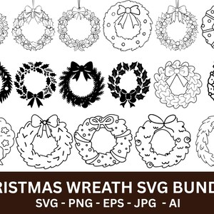 May include: A collection of black and white Christmas wreath designs. The wreaths feature various styles, including bows, holly, and decorative elements. The image includes the text "CHRISTMAS WREATH SVG BUNDLE" with file format options.
