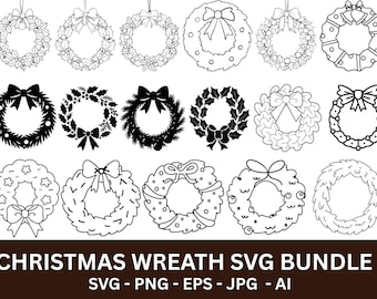 May include: A collection of black and white Christmas wreath designs. The wreaths feature various styles, including bows, holly, and decorative elements. The image includes the text "CHRISTMAS WREATH SVG BUNDLE" with file format options.