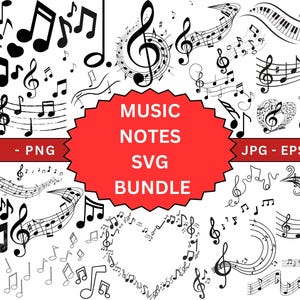 Op de afbeelding: Een verzameling zwarte muzieknoten en symbolen, waaronder G-sleutels, achtste noten en muziekstaven, gerangschikt in verschillende ontwerpen. De afbeelding bevat de tekst "MUSIC NOTES SVG BUNDLE" in een rode vorm, met bestandstype-indicatoren.