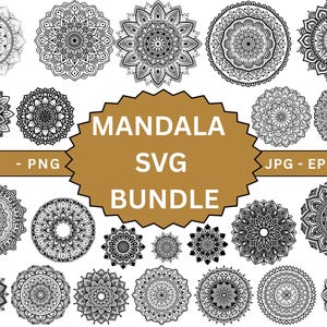 May include: A set of 20 black and white mandala designs. The designs are intricate and detailed, and they are perfect for use in a variety of projects, such as scrapbooking, card making, and home decor. The designs are available in SVG, PNG, JPG, EPS, and DXF formats.