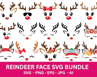 Christmas Reindeer Faces PNG Bundle, Girl Reindeer SVG, Boy Reindeer SVG, Cute Reindeer Face svg, Cricut Cut Files, Instant Download