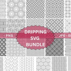 May include: A selection of black and white geometric designs, featuring patterns of lines, circles, and angular forms. The image displays the text "DRIPPING SVG BUNDLE" and file type labels such as "SVG", "PNG", "JPG", "EPS", and "AI".