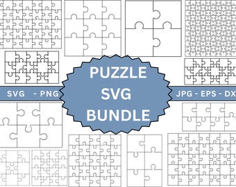 May include: A set of ten black and white puzzle templates in various sizes and configurations. The templates are labeled with the file formats they are available in: SVG, PNG, JPG, EPS, and DXF. The text "Puzzle SVG Bundle" is displayed in a blue circle.
