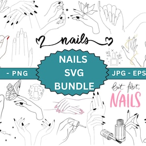 Könnte beinhalten: Ein Set mit 10 Schwarzweiß-Linienzeichnungen von Händen mit manikürten Nägeln. Die Illustrationen beinhalten verschiedene Nageldesigns, wie Blumen, Schmetterlinge und geometrische Formen. Der Text "2 nails" und "NAILS SVG BUNDLE" ist im Bild enthalten.