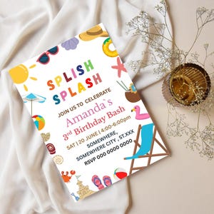 Beach Birthday Party Invitation, Swim Party Invite, Watercolor Summer Party Invite, Instant Download, EDITABLE