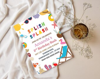 Faire-part de fête d'anniversaire sur la plage, nager, inviter à une fête d'été aquarelle, téléchargement immédiat, MODIFIABLE