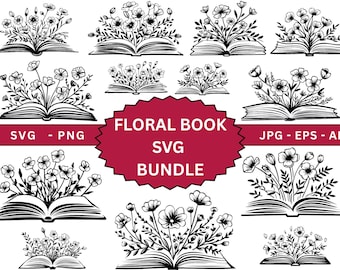 Floral Book SVG, Book Svg, Books with Flowers Svg, wildflowers book bundle svg, open book svg, stack of books svg cricut