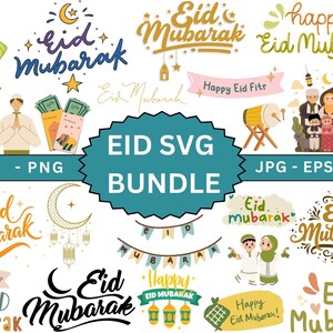May include: A collection of colorful Eid Mubarak graphics and illustrations. The image includes text that says "Eid SVG Bundle" and "Happy Eid Fitr". There are also illustrations of people, lanterns, and crescent moons.