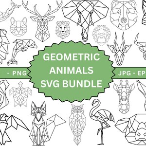 May include: A set of 20 geometric animal illustrations in black and white. The animals include a whale, deer, lion, dolphin, elephant, bear, fox, bull, giraffe, rabbit, owl, flamingo, pig, turtle, and a bird. The text "Geometric Animals SVG Bundle" is in the center of the image.