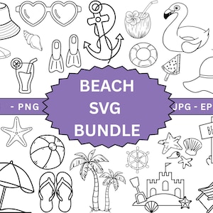 Könnte beinhalten: Schwarz-Weiß-Illustrationen mit Strandmotiven, darunter ein Sonnenhut, herzförmige Sonnenbrillen, ein Anker, ein Kokosnussgetränk, ein Flamingo, Surfbretter und mehr. Der Text "BEACH SVG BUNDLE" befindet sich in der Mitte.