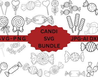 Puede incluir: Ilustraciones en blanco y negro de varios caramelos, incluyendo piruletas, caramelos envueltos y caramelos duros. La imagen incluye el texto "Candi SVG Bundle" y las designaciones de tipo de archivo.