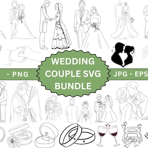 Puede incluir: Un paquete de descarga digital de archivos SVG de parejas de boda. El paquete incluye varias poses de parejas, anillos y otros gráficos relacionados con la boda. El texto "Wedding Couple SVG Bundle" se muestra en un círculo verde.
